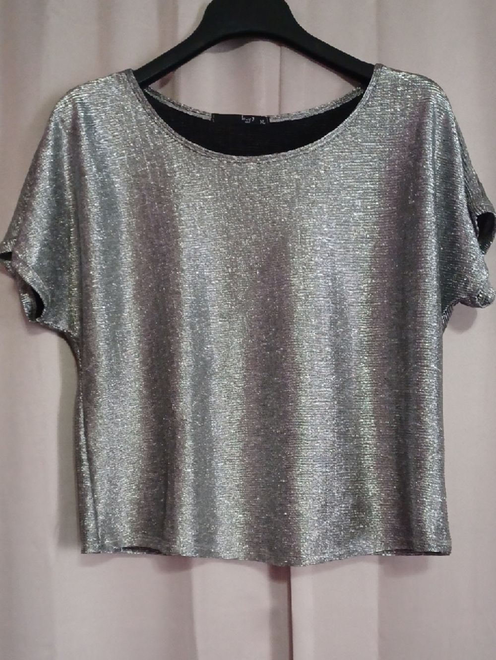 LoveJ Silver Metallic Short Sleeve Boxy Crop Top Stretchy Festival Glitz XL